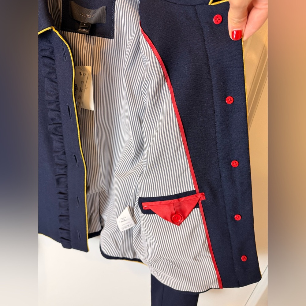 $198 J.Crew Navy Blazer Jacket Gold Crest Buttons Ruffle Front Wool Blend Size 6 - Picture 15 of 16